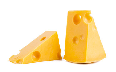 pieces of tasty yellow cheese isolated on white background