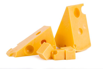 pieces of tasty yellow cheese isolated on white background