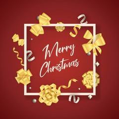 Fototapeta na wymiar Merry Christmas banner in frame with gold bows on red ground. Lettering can be used for invitations, post cards, announcements