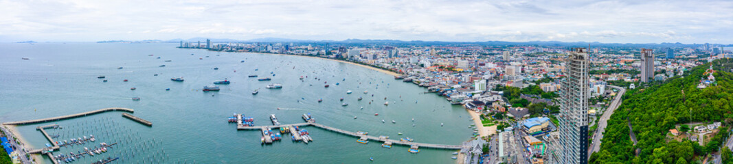 Aerial panorama view of Pattaya harbor in Chonburi, Thailand. Aerial view from drone