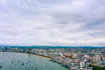 Naklejka na ściany i meble Aerial view of Pattaya city in Chonburi, Thailand. Aerial view from drone