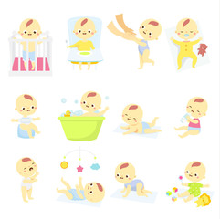 Naklejka premium baby set. Cartoon toddler in different positions. Newborn child develop. Kid cry, bathing, play, eat