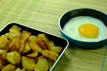  Fried potatoes and egg in a pan