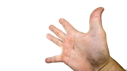 dirty hand with open palm , isolated white background