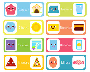 Set of flashcards wtih forms and objects. Geometric shapes for kids. Educational material for children, kids, toddlers.