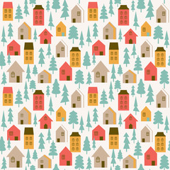 Seamless vector pattern with stylish houses and trees.