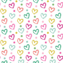 Seamless vector pattern with brush strokes hearts and dots.