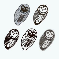 Isolated design with graphic silhouettes of owls on white background.