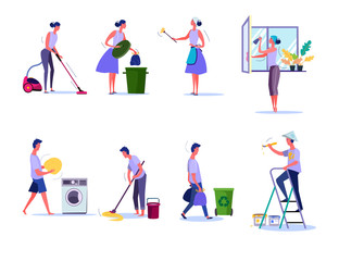 Cleaning and housekeeping set. Woman removing trash, washing window, man moping floor. People concept. Vector illustration for topics like household, service, clean-up