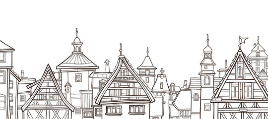 outline drawing of a city with half-timbered houses
