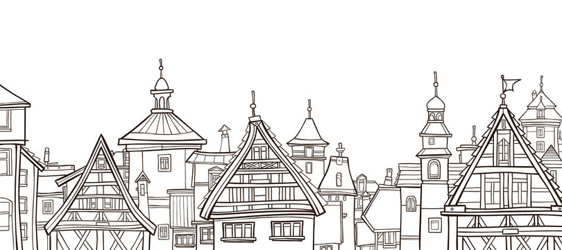 outline drawing of a city with half-timbered houses