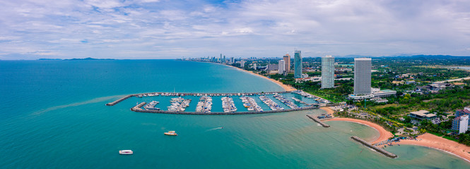 Aerial panorama view of Harbor ocean marina yachts club in Pattaya city of Thailand