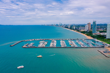 Fototapeta na wymiar Aerial view of Harbor ocean marina yachts club in Pattaya city of Thailand