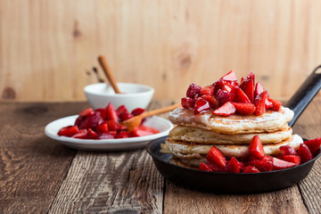 Strawberry  pancakes,  summer brunch rural table