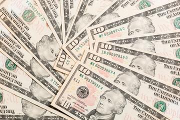 1 dollar bill on various US Dollar billss Top view of business concept on background with copy space