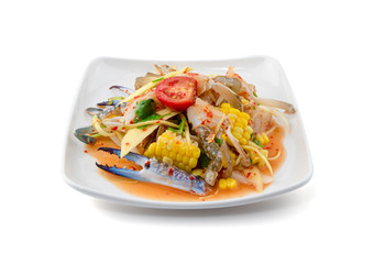 Spicy Mango Salad seafood isolated on white background, Papaya salad with fresh shrimp and blue crab (somtum), Thai food.