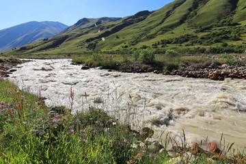 Landscape views of the Caucasus Mountains, river and villages. Peak and river Enguri. Georgia. Summer. 2019
