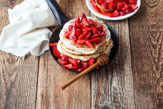 Strawberry  pancakes,  summer brunch rural table