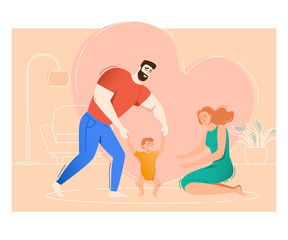 Mother and father teaching son to walk. Parents helping toddler to make his first steps. Family concept. Vector illustration for topics like love, childhood, development