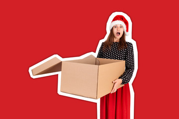 shocked excited girl standing and holding open big gift carton box. Magazine collage style with trendy color background. holidays concept