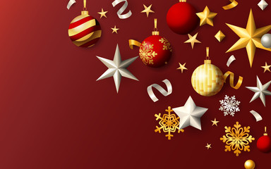 Christmas festive banner with balls and stars on red background. Decorative design can be used for invitations, post cards, announcements