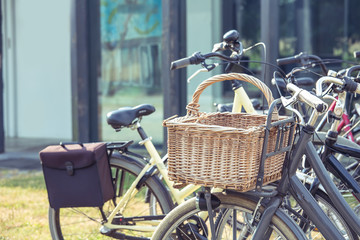 close up of basket on vintage bicycle.
