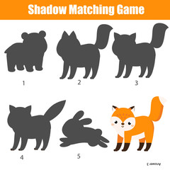 Shadow matching game. Kids activity with cartoon fox.