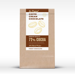 The Original Coffee Cream Chocolate. Craft Paper Bag Product Label. Abstract Vector Packaging Design Layout with Realistic Shadows. Modern Typography and Hand Drawn Coffee Beans Silhouette.