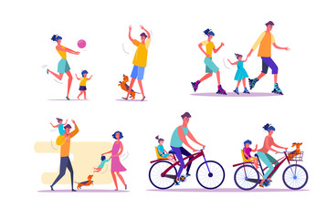 Family outdoor activities set. Parents and children cycling, playing ball, roller skating. People concept. Vector illustration for topics like leisure, movement, active lifestyle