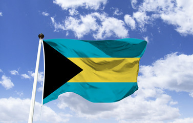 Flag of the Bahamas, a black triangle lying down, represents unity, 3 horizontal bands, 2 sky blue,...