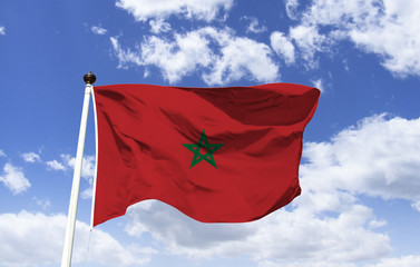 Morocco flag mockup fluttering in the wind under blue sky. Country in North Africa, distinguished by the influence of Berber, Arab and European cultures. Marrakech Medina. Capital: Rabat
