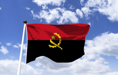 Angola flag mockup fluttering under blue sky. Half red and half black, in the center of the...
