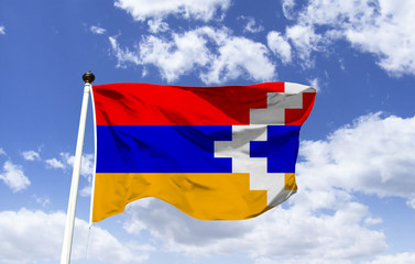 Flag mockup of the Republic of Artsakh, Artsaque, is derived from the Armenian flag with the addition of a white pattern. Symbolizes the region's population and Armenian heritage and Armenian carpets