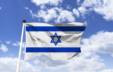 Fototapeta na wymiar Flag of Israel is composed by the Star of David, in blue color, one of the main symbols of Judaism, in the center of a white background with 2 blue lists, flag resembles the Tallit (mantle of prayer)