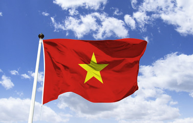 Vietnam flag mockup floating under a blue sky. Symbol of the official representation of the...