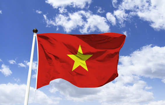 Vietnam flag mockup floating under a blue sky. Symbol of the official representation of the country, whose name is: "The red flag with bright yellow star", being the symbol of socialism.