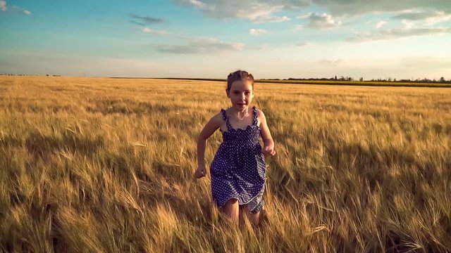 Girl Runs Across the Field with Wheat