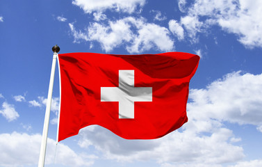 Swiss Flag Mockup: Thick white equilateral Greek cross inserted in the center of the red square....