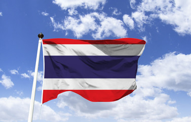 Thailand flag mockup floating under a blue sky. Southeast Asian country known for its tropical beaches and Buddha temples. Capital: Bangkok. Resorts: Pattaya, Hua Hin, Phi Phi Islands