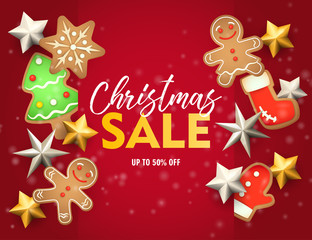 Fototapeta na wymiar Christmas sale banner with ginger bread on red ground. Lettering can be used for invitations, post cards, announcements