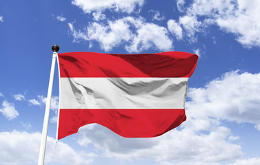 Model of the Austrian flag in the wind, Central European country, capital: Vienna, among the famous inhabitants are: Mozart, Strauss and Freud. Prominent regions are the Bohemian Forest, Lake Traunsee