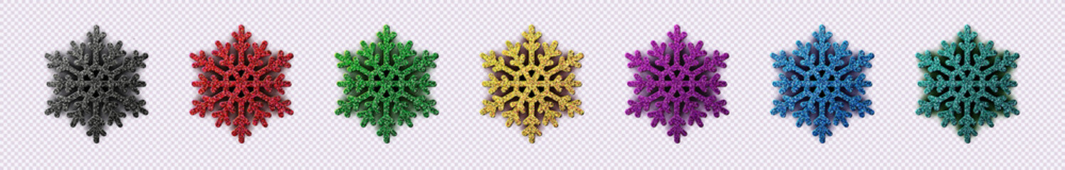 Snowflakes isolated on transparent background. Vector Christmas decoration. Glitter snow flake set. Gold, red, green, purple, black blue colors decor for New Year and Christmas.