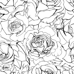 Seamless black and white floral pattern with roses and buds. Endless texture for elegant floral and season design.