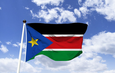 South Sudan Flag Mockup, fluttering in the blue, red sky symbolizes people's struggle for independence, black reference to country name, green religion of Islam