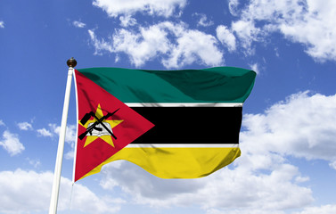 Mozambique Flag Mockup, Red Armed Liberation Fight, African Black, Green Soil Wealth, Yellow Underground Wealth, White Peace. In the star: book, hoe and weapon are the defense.