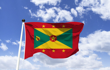 Model of the Flag of Grenada, Continent North America, Caribbean Country, Grenada: Main island nicknamed "Spice Island", headquarters of the capital of St. George, overlooking the narrow port of Caren
