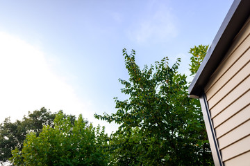 Roof and wooden wall of a cottage, space for text.