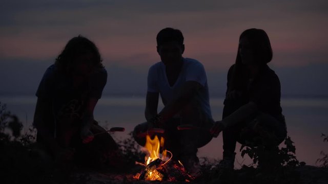 Young hipster friends chilling on seaside with bonfire making sausage with a fire and chatting in cozy summer evening.