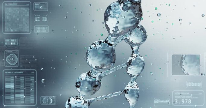 Slow motion macro of micro hi tech dna molecule is analyzed with microscope for biochemistry and dna research in futuristic scientific laboratory. 