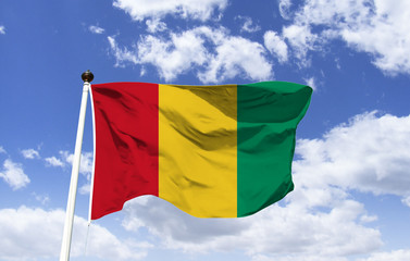 Guinea flag mockup fluttering in the wind. West African country, motto: Work, Justice and Solidarity. Guinea is a Republic and Capital, seat of government and the largest city is Conakry.